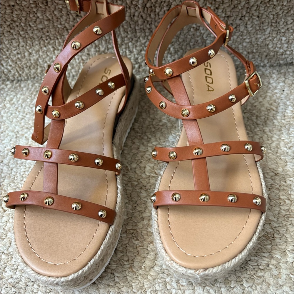 Soda Tan Gold Gladiator Sandals with Studded Straps